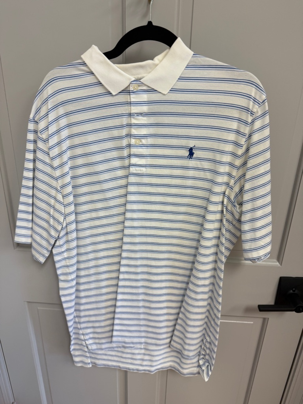Men's White Polo with Light Blue Stripes and Embroidered Logo